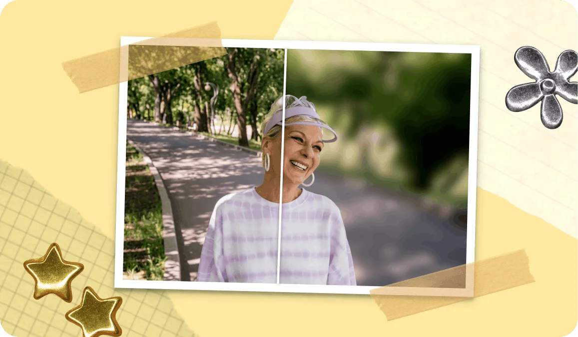Before and after blur background effect applied to a photo of a smiling older woman in a park, shown as a polaroid-style collage with gold star stickers