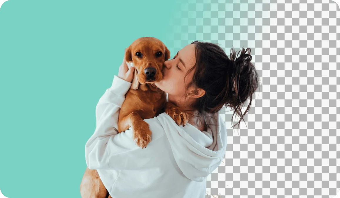 Before and after background removal showing a woman kissing a golden puppy, with a teal background on the left and transparent background on the right
